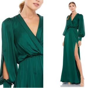 NWT MAC DUGGAL 49146 Deep Green Bishop Sleeve Faux Wrap Maxi Tie Waist Gown